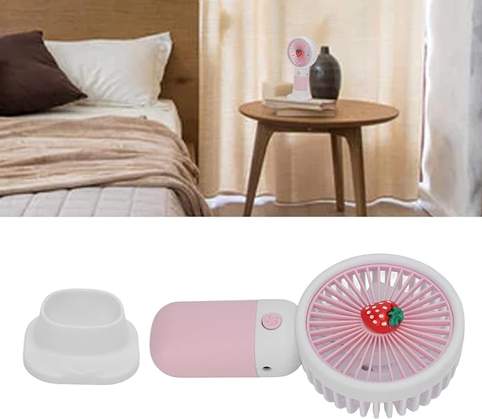 Mini Handheld Fan, USB Rechargeable Cartoon Strawberry Look Portable Fan with Removable Base for Home Office Outdoor